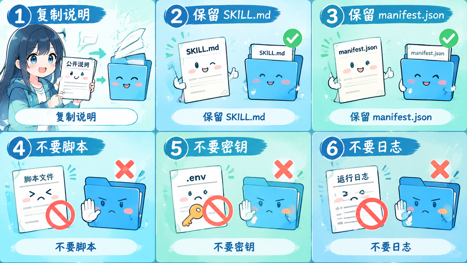 安全演示目录只保留 SKILL.md 和 manifest.json，排除脚本、密钥与日志