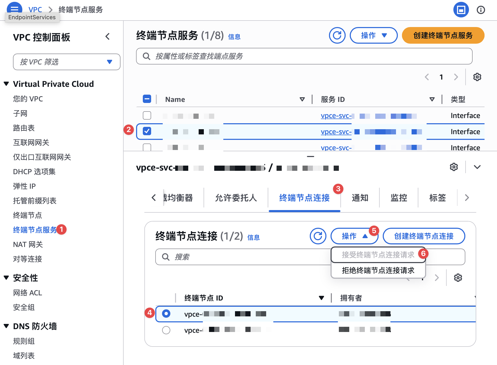 接受VPC端点连接