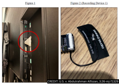 
▲ 图:起诉书附图。左:电视 USB 口里的设备(红圈);右:设备本体。来源:美国司法部,U.S. v. Abdulrahman Alfozan
动手之前,他用公司内部工具查过大楼地址、会议室、容量和日程。9 月 24 日到 30 日,一个与他有关联的聊天机器人账号,还问过和这台设备有关的问题。
监控显示,他在设备被发现前多次出现在那间会议室附近,但没有权限进去开会。
03 怎么被发现的
9 月 30 日,OpenAI 发现了这台设备。公司说,它用自家的模型分析设备、追查来源,查到是几天前一名员工放的,随后移交 FBI,并解雇了这名员工。
10 月 5 日,他又进了那间会议室,像在看电视背后。监控拍到了。
