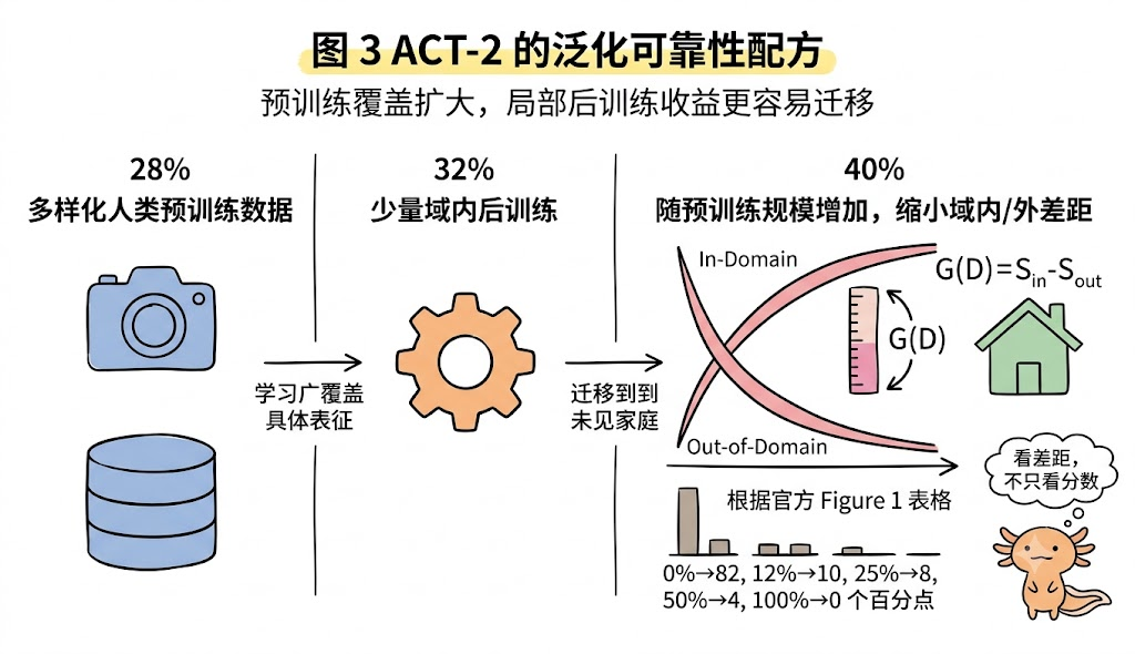 ACT-2 预训练规模、数据选择与泛化差距相关结果图
