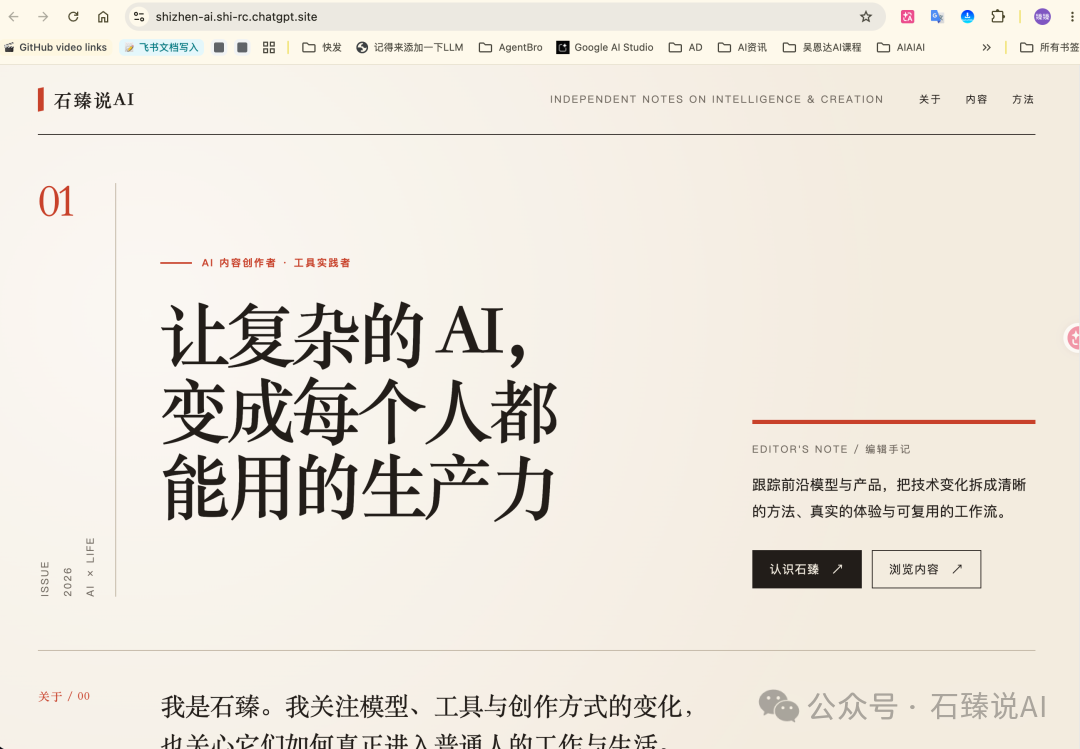 公开发布后的石臻说AI站点首页,在普通 Chrome 中真实打开