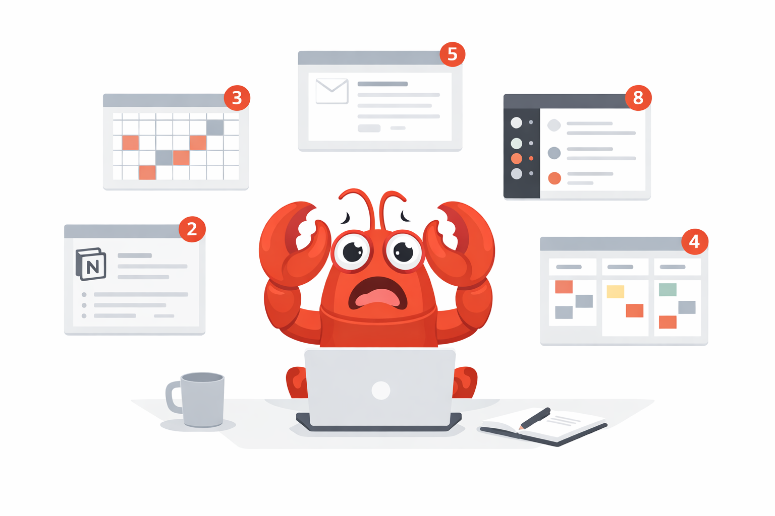 Flat illustration of a person sitting at a desk, looking stressed and overwhelmed. Multiple floating app windows surround them — calendar, email, Slack, Notion, a task board — each with red notification badges. Clean minimal style, muted color palette with one accent color (orange or red for the notifications), white background. 