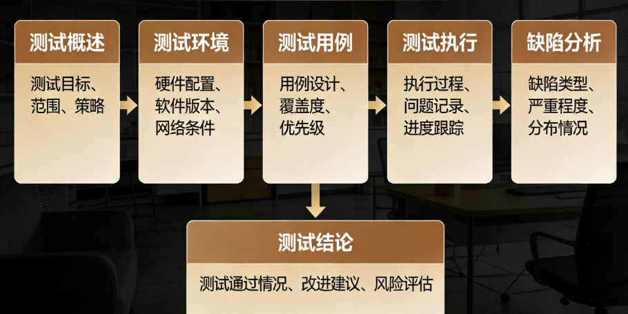 【配图建议：测试报告核心模块框架图，标注每个模块的核心内容】