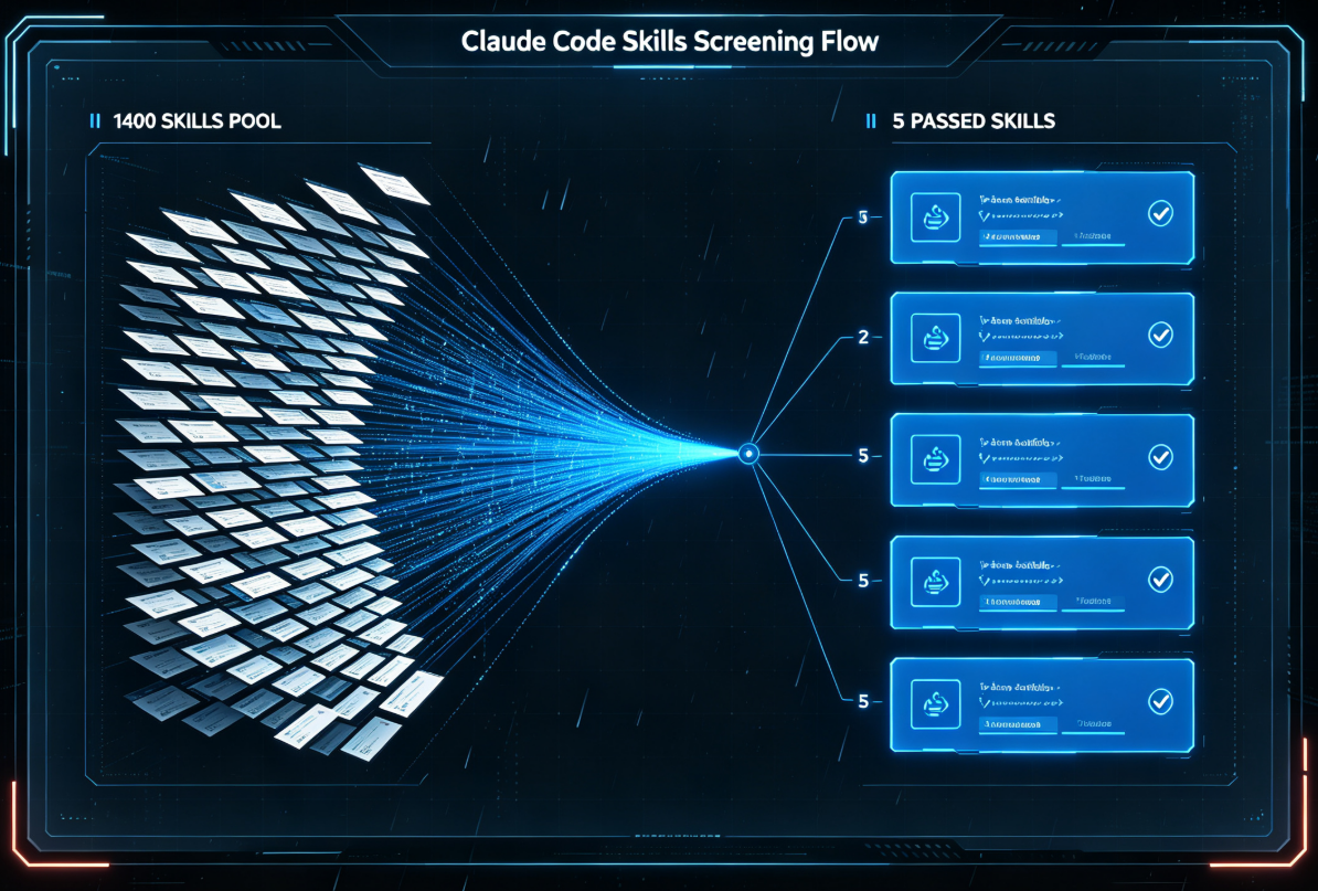 📸【配图文案】一张展示Claude Code Skills筛选流程的数据面板截图,深色科技背景,左侧是1400个Skills的瀑布流列表,右侧是5个通过筛选的高亮卡片,蓝色光效连接,数据流动态效果,赛博朋克风格