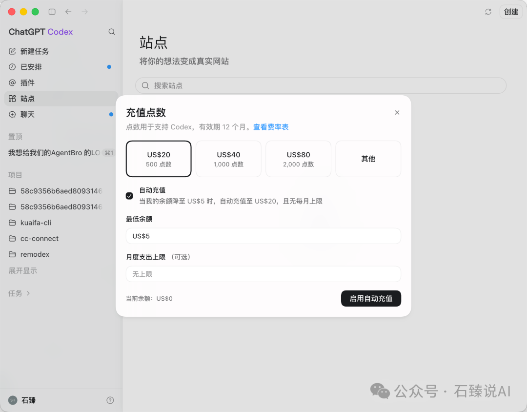 点数充值页面,展示点数包和自动充值设置