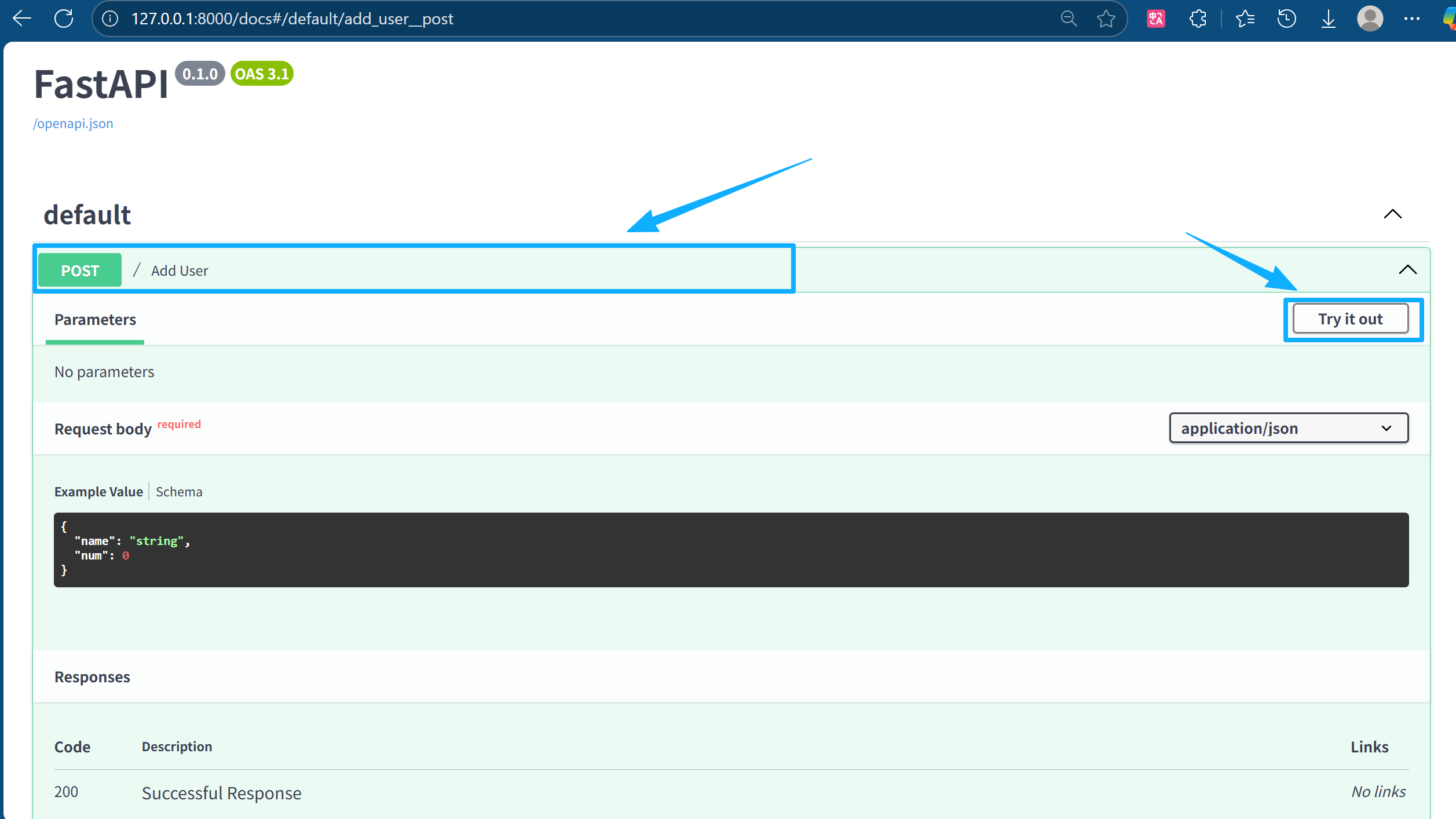 依次点击“POST/Add User”和“Try it out”