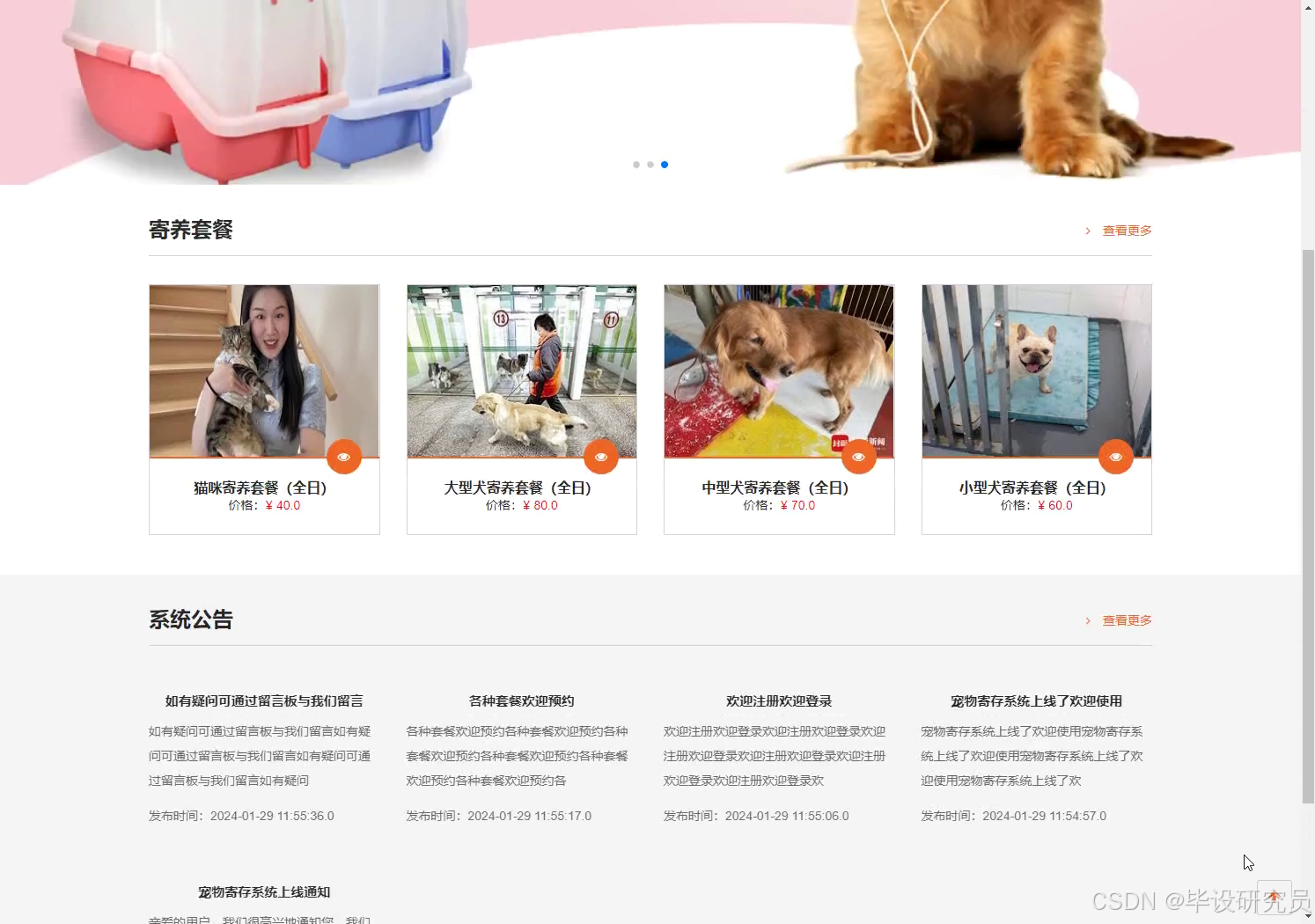 前台首页展示轮播图、寄养套餐卡片与系统公告摘要
