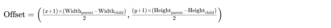 [ \text{Offset} = \left( \frac{(x + 1) \times (\text{Width}_{parent} - \text{Width}_{child})}{2}, \frac{(y + 1) \times (\text{Height}_{parent} - \text{Height}_{child})}{2} \right) ]