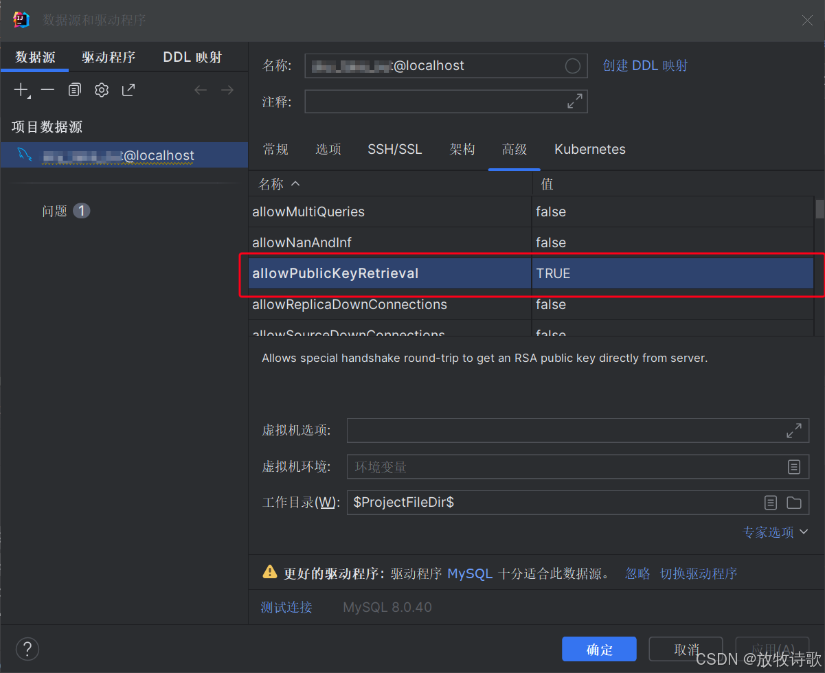 【记录】IDEA上后端连接数据库出现报错 Public Key Retrieval is not allowed ,url添加 ...