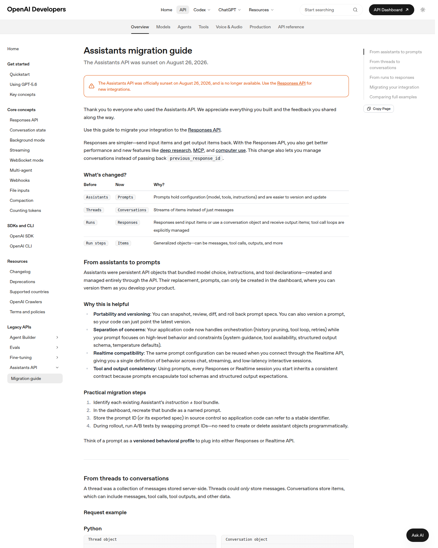 OpenAI 官方迁移页显示 Assistants API 已下线及四组对象映射