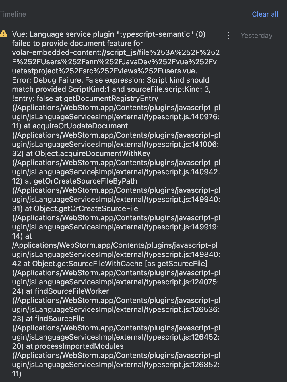 错误Vue: Language service plugin “typescript-semantic“ (0) failed to ...