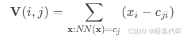 \mathbf{V}(i,j) = \sum_{\mathbf{x}:NN(\mathbf{x})=c_j} (x_i - c_{ji})]