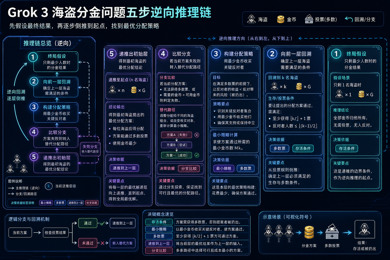 [配图2：Grok 3在海盗分金问题中的五步逆向推理链展示，每一步标注了逻辑分支和决策依据，主体为推理步骤截图，风格为逻辑流程图]