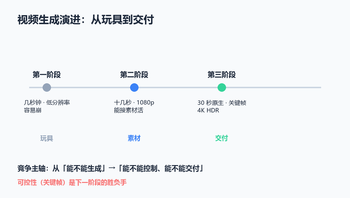视频生成演进：从 3 秒抽卡到 30 秒原生 + 4K HDR