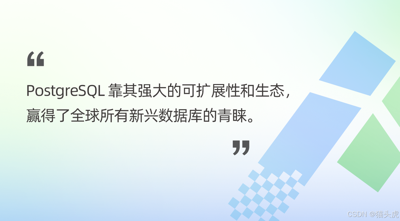 PostgreSQL 非常标准且拥有强大的 Extension，一套 API 几乎定义了 Data API 所需要的所有能力：OLTP、OLAP、 JSON、GIS、全文检索、向量检索。