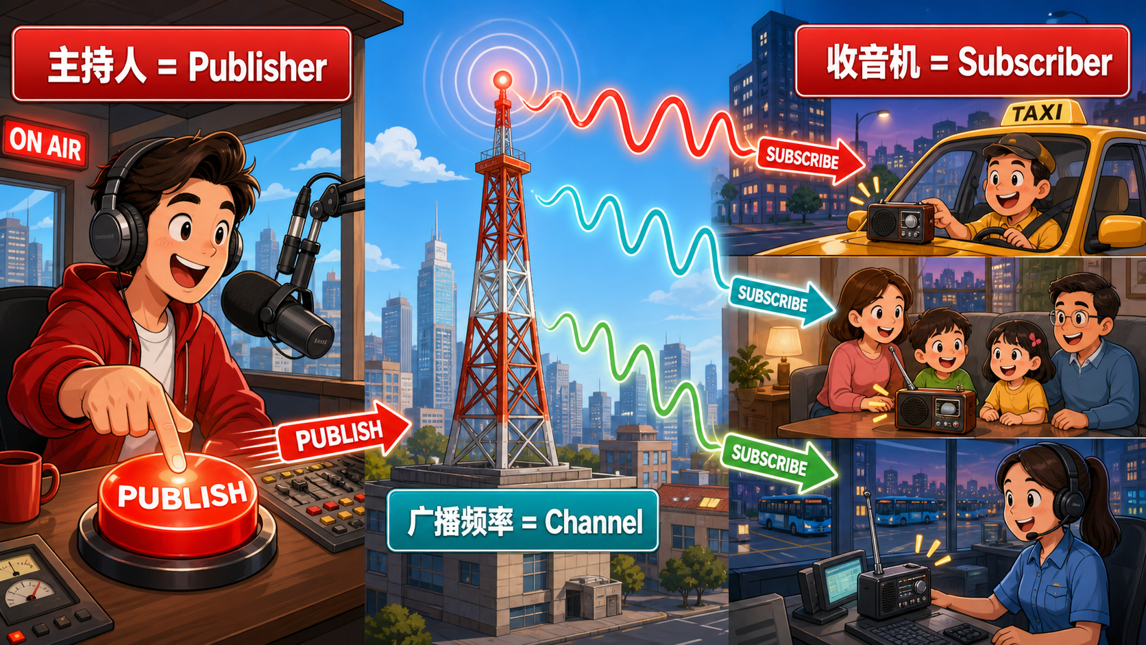 城市广播站角色与 Redis Pub/Sub 概念对应