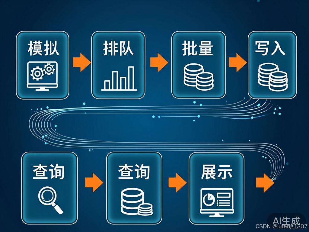 流程图：模拟器→队列→批量→TDengine→API→Grafana六节点