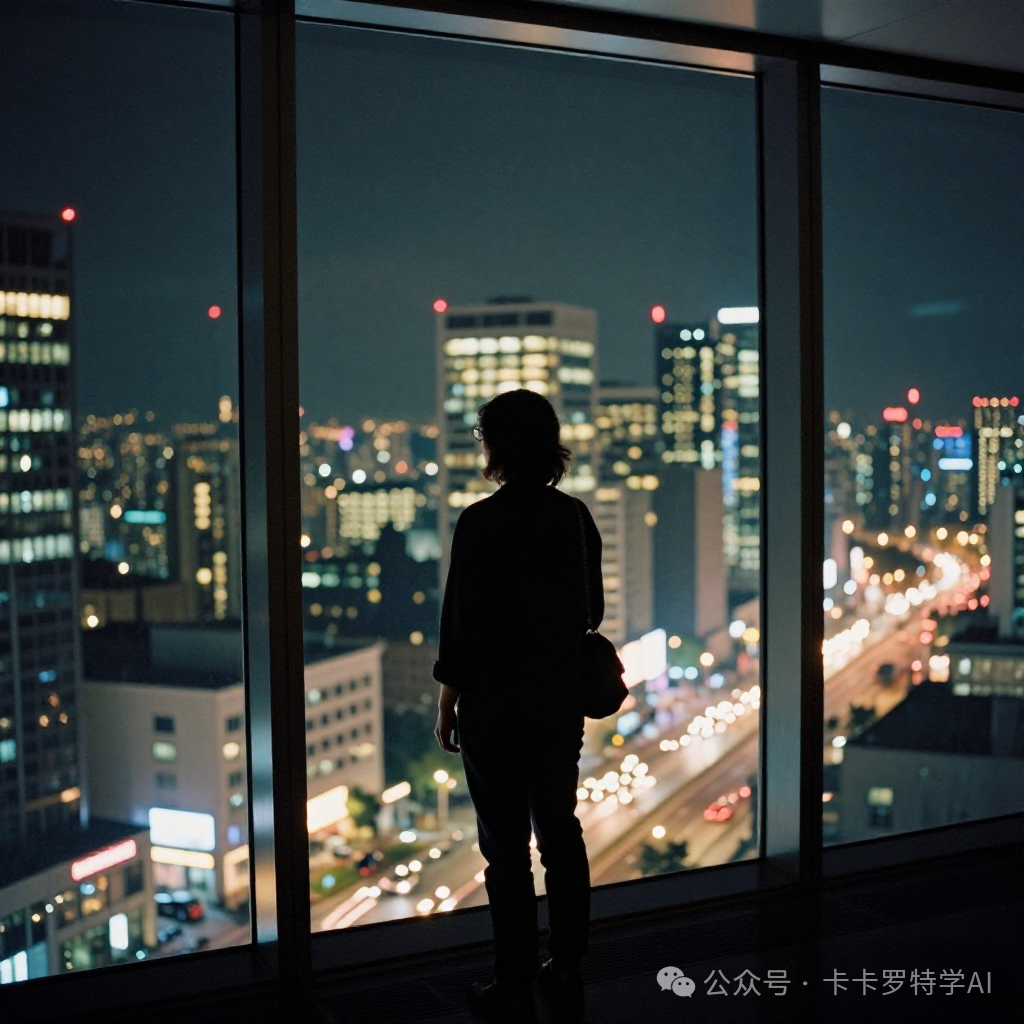一个人站在落地窗前，窗外是灯火通明的城市夜景，光影流动，充满速度感