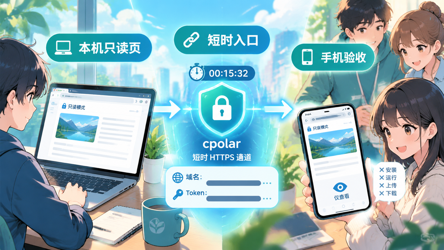 团队成员通过 cpolar 短时入口在手机上验收本机只读技能页面