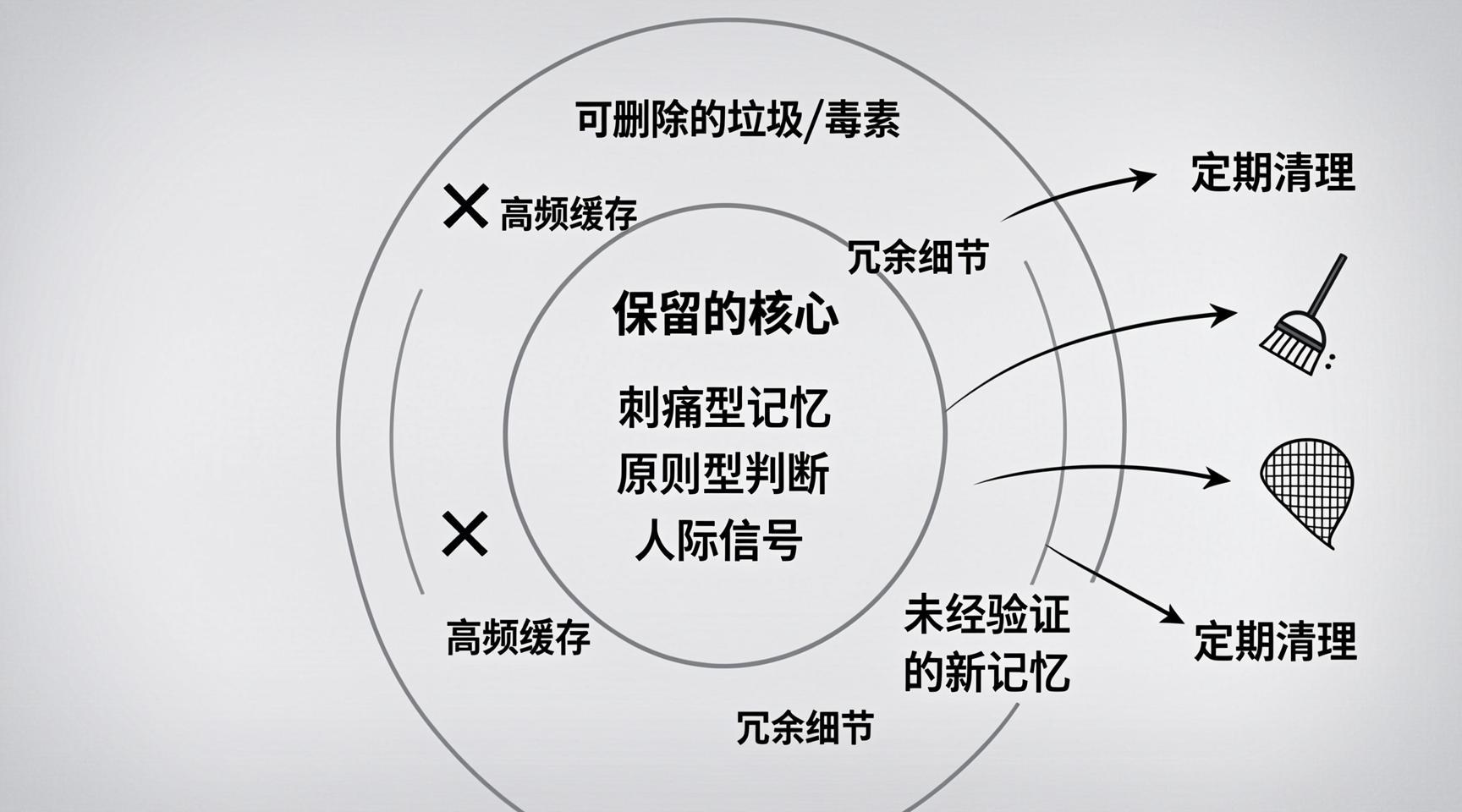 > **建议配图：** 一个三圈图，中间是“保留的核心”，外圈是“可删除的垃圾/毒素”，箭头表示定期清理。