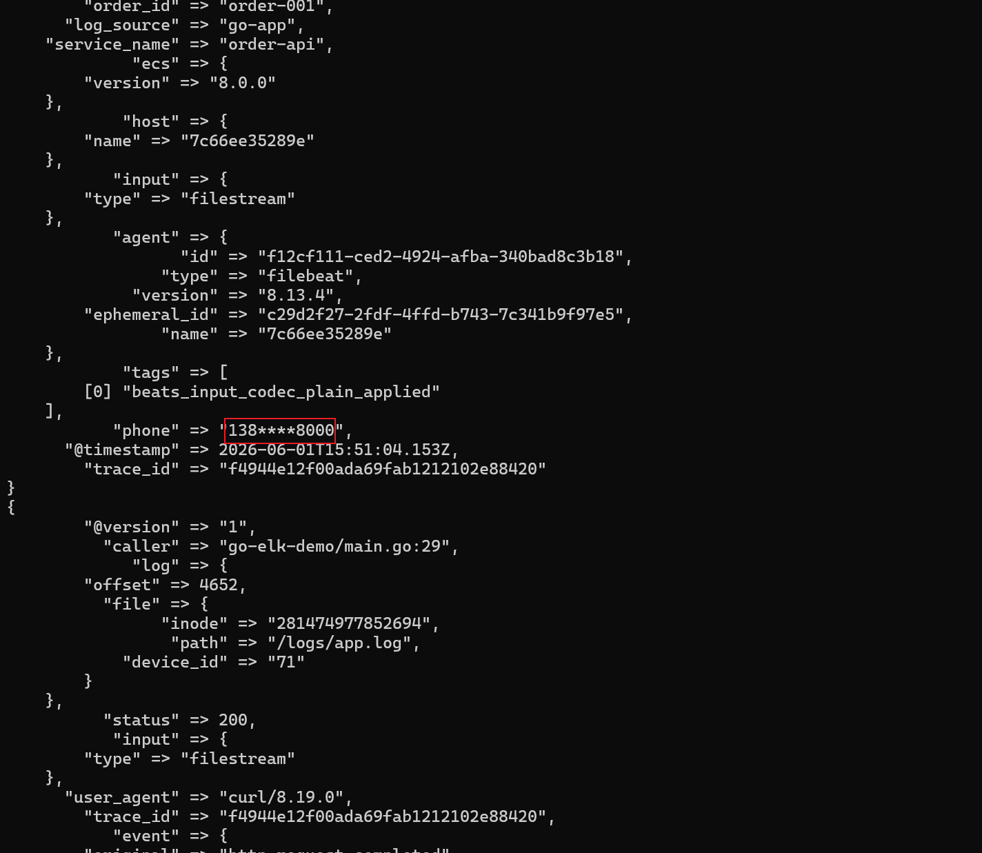 手机号脱敏前后对比图：左侧 Logstash 收到 phone=13800138000，右侧经过 mutate gsub 后写入 Elasticsearch 的 phone=138****8000