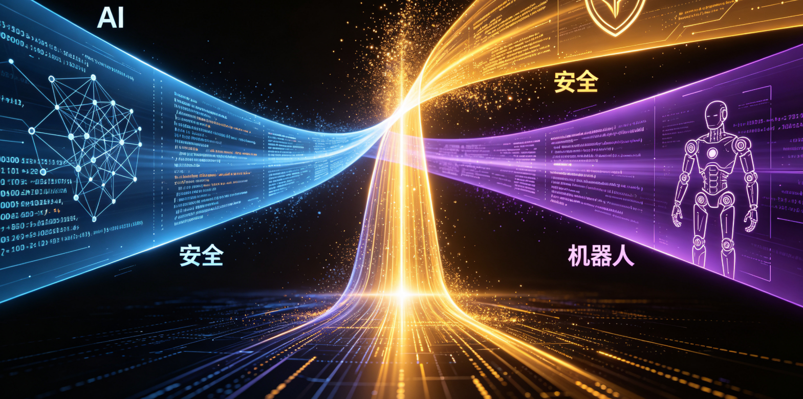 📸【配图文案】一张充满科技感的2026年技术趋势图,黑色背景上三条数据流(AI、安全、机器人)汇聚成一条金色光柱,现代科技感,赛博朋克风