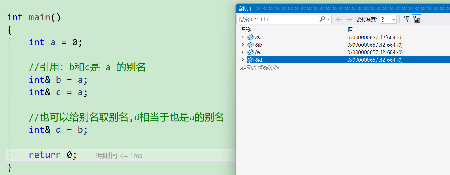 在这里可以看到a,b,c,d四个变量使用的是同一块内存