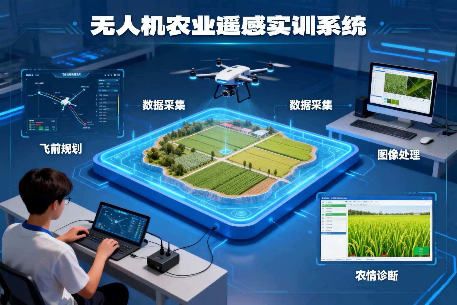 学生可在数字沙盘上完成“飞前规划—数据采集—图像处理—农情诊断”的全流程操作