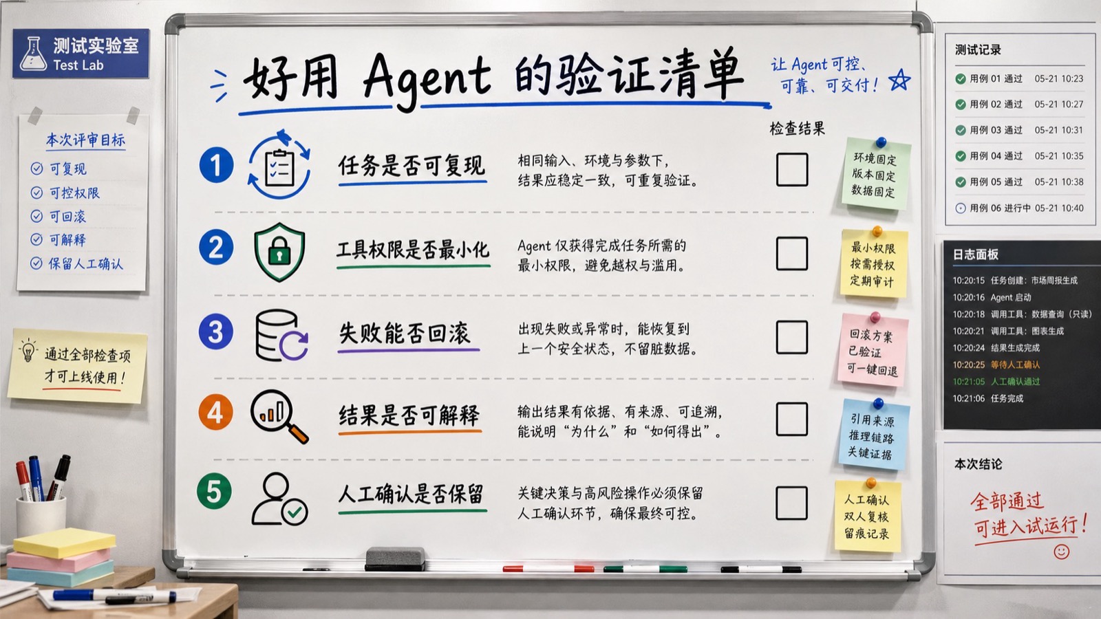 这张权限看板把可读、可改、可发送和必须确认的动作拆开，核心不是让 Agent 什么都能做，而是让用户知道它不能随便做什么。