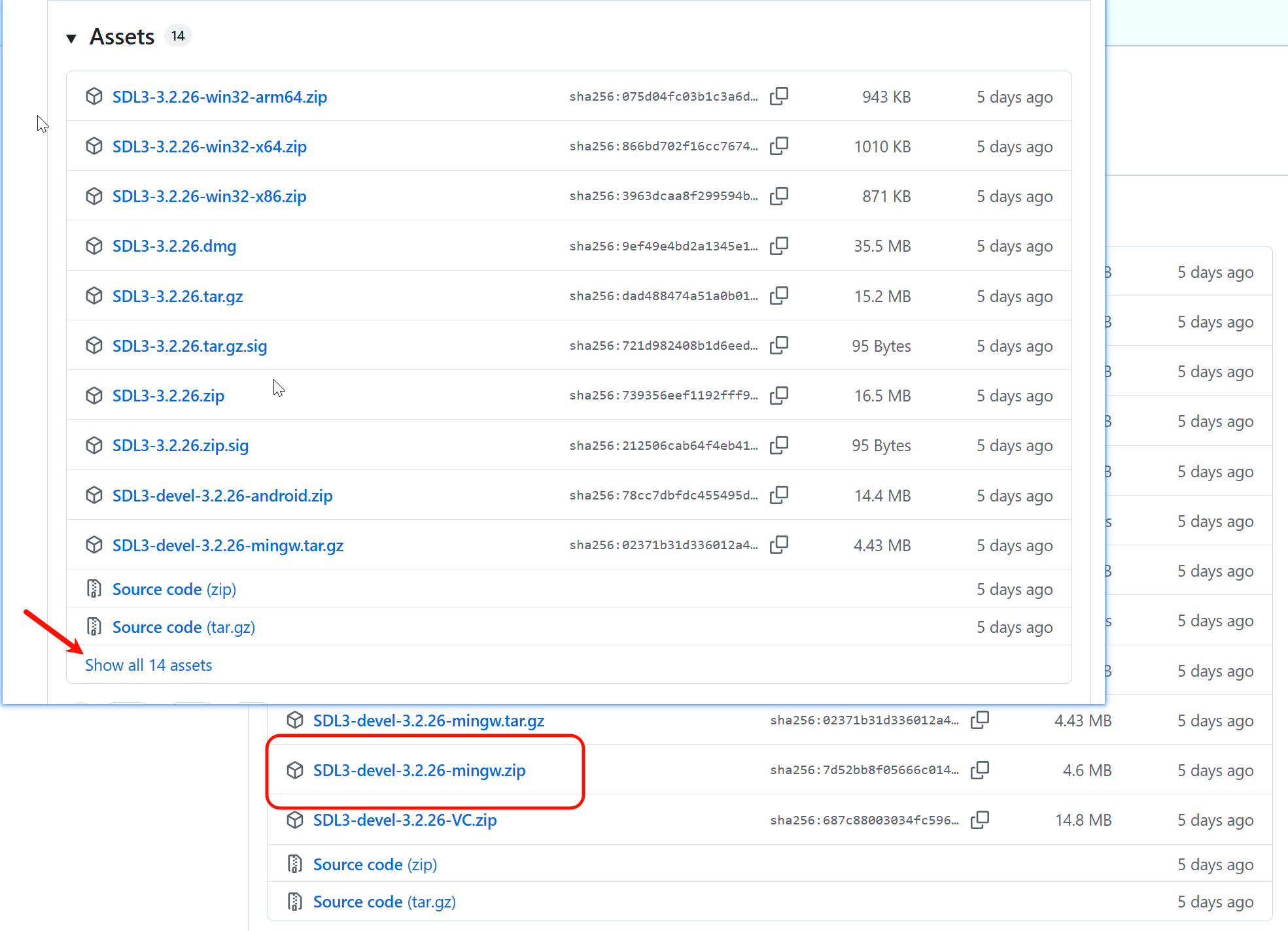 下载SDL3-devel-3.2.26-mingw.zip包