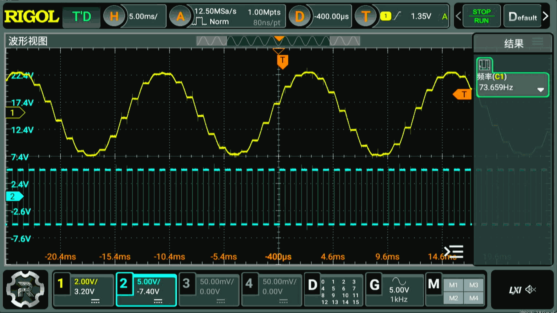 ▲ .模拟开关频率为1kHz，占空比50%