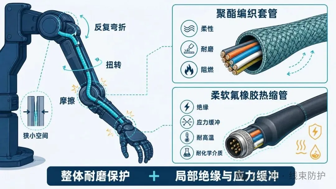 人形机器人关节柔性线束及防护材料作用示意图