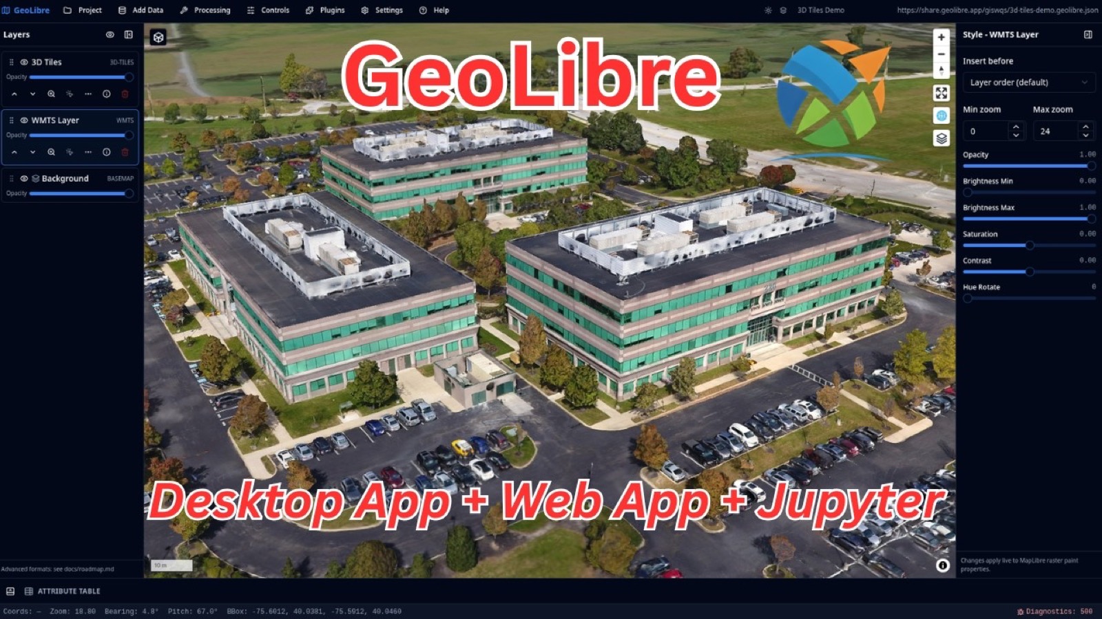 GeoLibre 官方截图:3D Tiles 与地图工作区