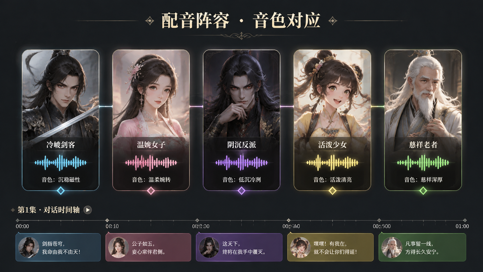 **图片提示词：** 一张角色与音色对应关系的视觉化展示图，采用游戏角色选择界面的排列风格。画面是一个横向排列的角色阵容展示，五个角色卡片并排。每张卡片上半部分是角色头像插画——冷峻剑客、温婉女子、阴沉反派、活泼少女、慈祥老者，五种形象风格各异。下半部分是一个声波纹图标，旁边标注对应的音色名称。五张卡片之间有淡淡的连线连接，表示它们属于同一部作品的配音阵容。卡片下方有一条横向时间轴，展示一集漫剧的对话片段，时间轴上不同颜色的台词块对应不同角色的配音。整体为深灰背景，卡片有柔和的光泽，类似手游角色选择界面的质感。16:9横版。