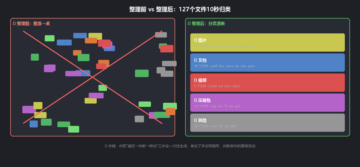 整理前 vs 整理后：127个文件10秒归类