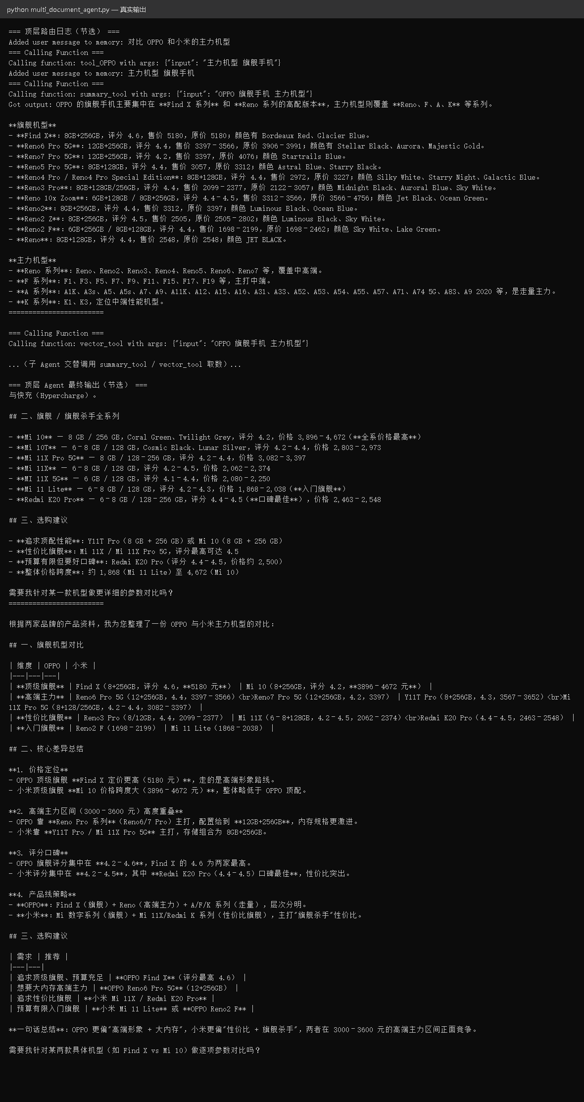 手机客服 Agent 案例B 顶层路由日志与品牌机型对比结果