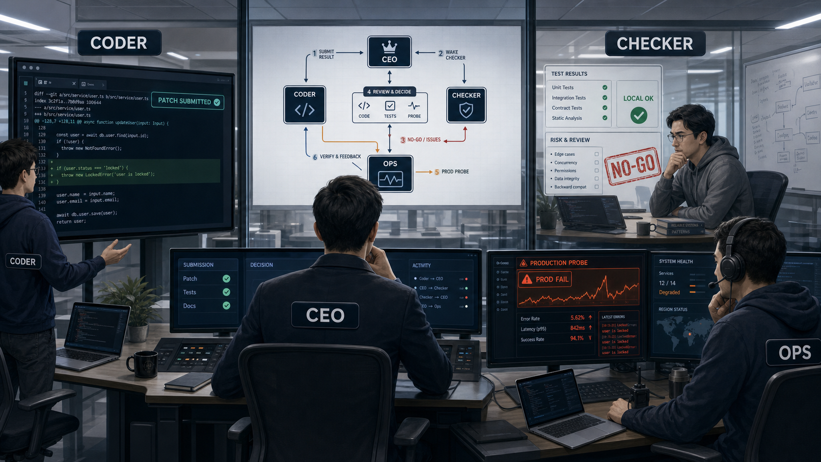 Coder、Checker、Ops 与 CEO 之间的制衡关系