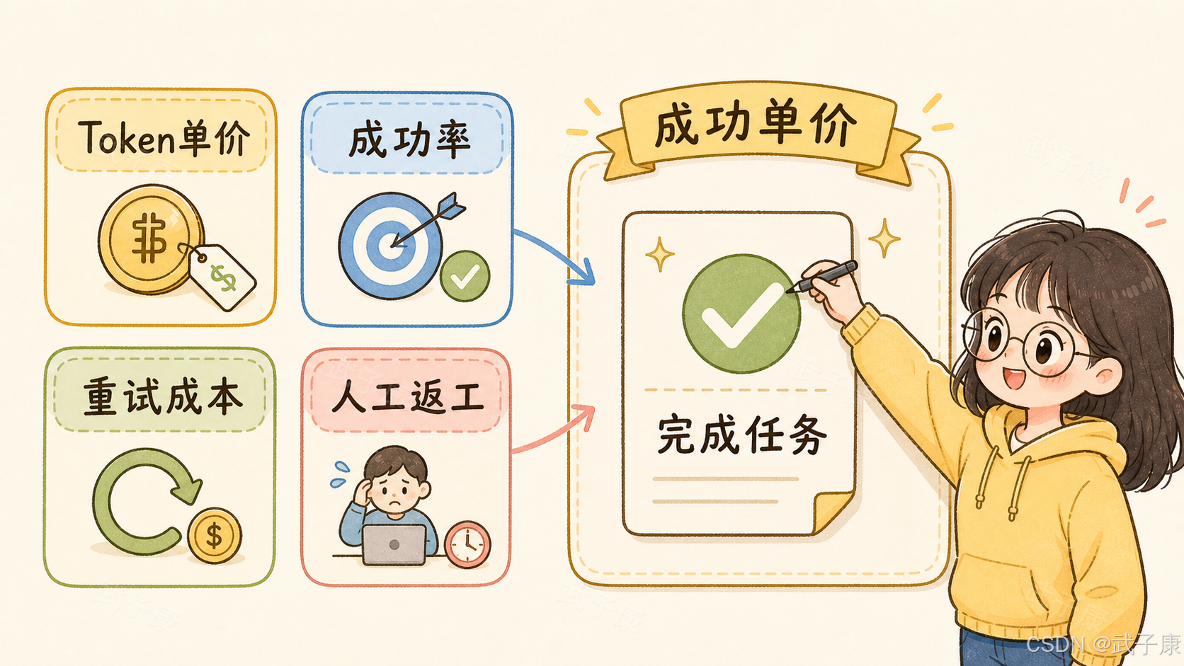 卡通插画图解了计算"成功单价"的四个要素（Token单价、成功率、重试成本、人工返工），右侧有一位戴眼镜的女孩正在"完成任务"表单上画对勾