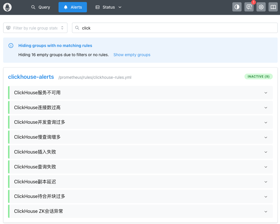 Prometheus Alerts 页加载的 ClickHouse 告警规则组 clickhouse-alerts：服务不可用、连接数过高、并发查询过多、慢查询增多、插入失败、查询失败、副本延迟、待合并块过多、ZK 会话异常共 9 条规则