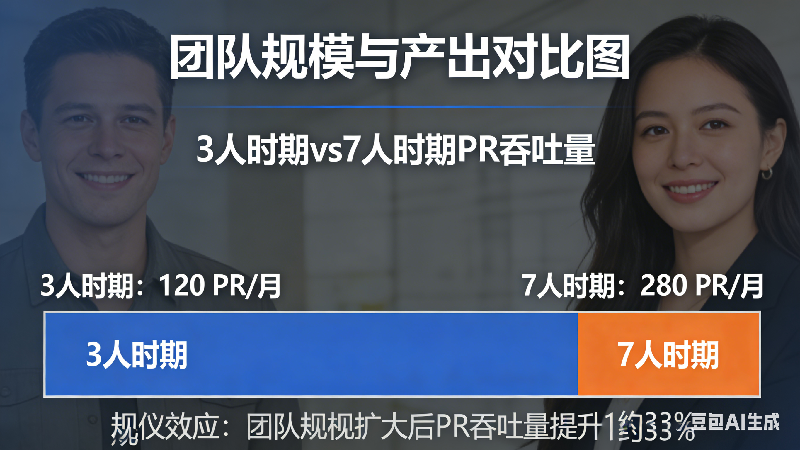[图2：团队规模与产出对比图 - 3人时期与7人时期的PR吞吐量对比，展示规模化效应]