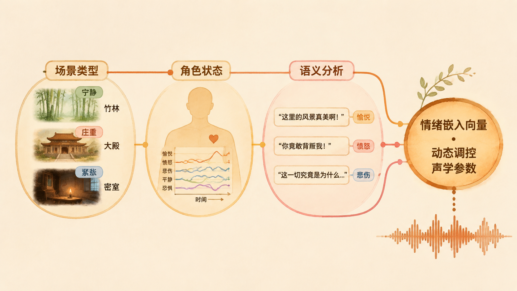 **图片提示词：** 一张三阶段流程的视觉化示意图，采用温暖的知识科普风格，类似科普杂志的信息图。画面从左到右三个圆形面板。左面板标注“场景类型”，内部有一组微型场景图标——竹林、大殿、密室，每个图标上方有对应的情绪小标签。中面板标注“角色状态”，内部有一个简化的人物轮廓，轮廓内有微小的情绪参数曲线图在波动。右面板标注“语义分析”，内部有三行示例台词，每行后面跟着识别出的情绪标签。三个面板各延伸出一条数据线汇聚到画面最右侧的一个圆形终端，终端标注“情绪嵌入向量·动态调控声学参数”。终端下方延伸出一段起伏明显的声波形。整体为米白背景配柔和的暖色块，无任何冰冷科技感。16:9横版。