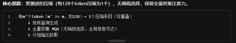 核心思路：更激进的压缩（每128个token压缩为1个），无稀疏选择，保留全量密集注意力。
每m'个token（m' >> m，如128）→ 1个压缩条目（非重叠）
↓ 低秩查询生成
↓ 全量密集 MQA（无稀疏选择，全局信息可达）
↓ 分组输出投影