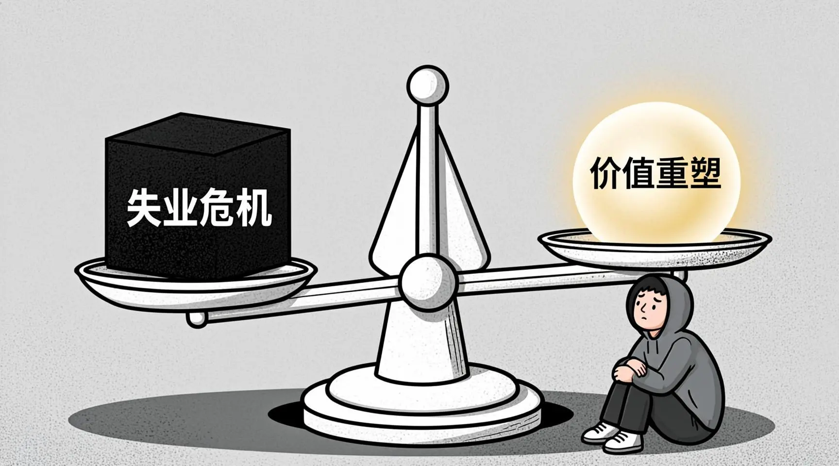 [图1：天平图 - 左侧是“失业危机”标签，右侧是“价值重塑”标签，中间是困惑的工程师]