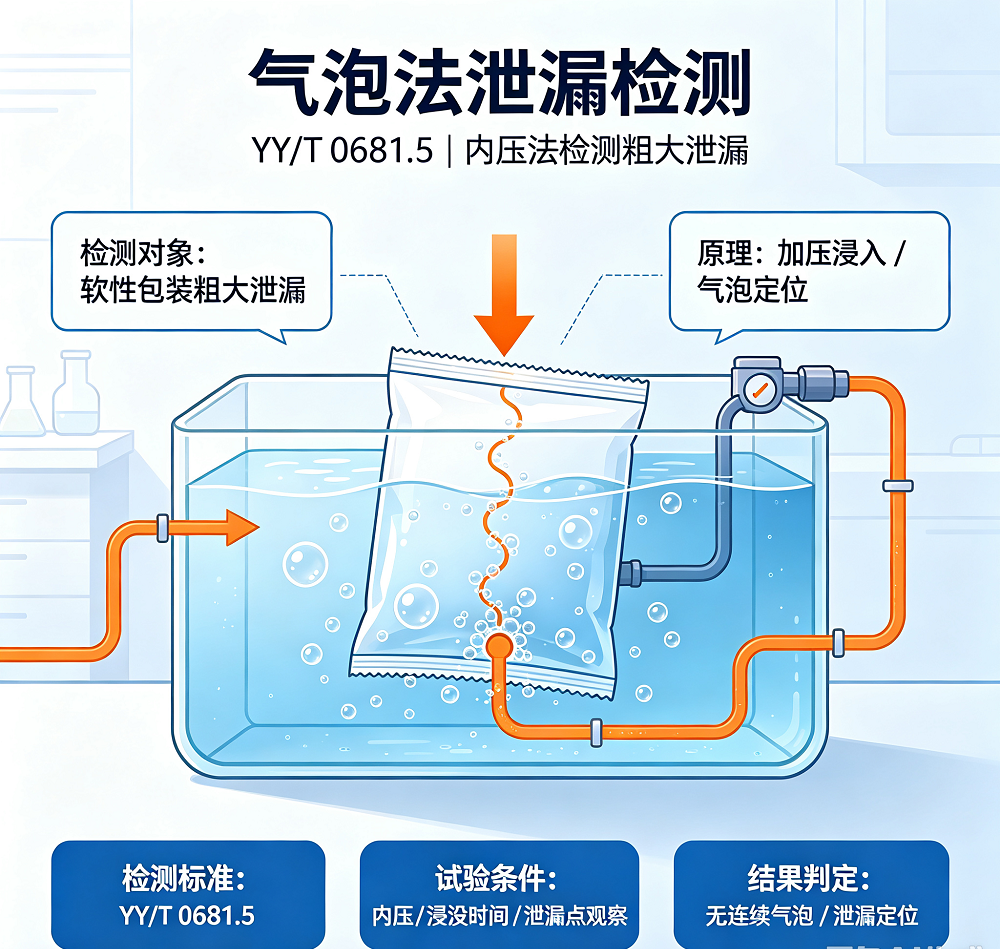 气泡法测定软性包装泄漏（内压法检测粗大泄漏）｜YY/T 0681.5｜富港检测