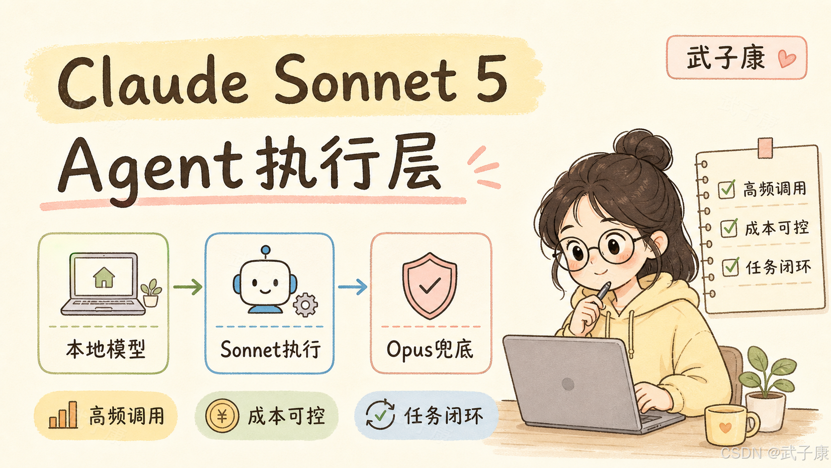 Claude Sonnet 5 Agent执行层架构图解：本地模型负责感知和分流、Sonnet执行层承担高频Agent任务、Opus级模型负责判断和兜底；右下方女孩在电脑前办公，列出高频调用、成本可控、任务闭环三大优势