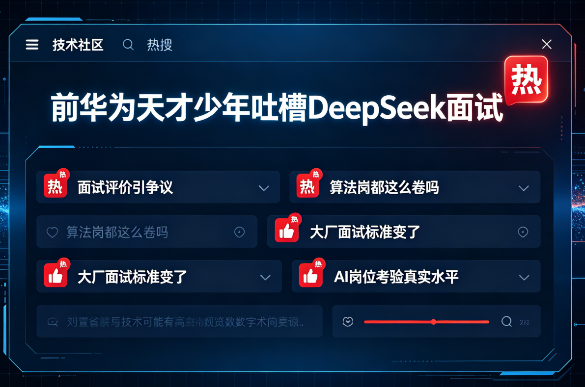 📸【配图文案】一张CSDN热搜截图,标题“前华为天才少年吐槽DeepSeek面试”,评论区红色“热”字标签,背景是深色科技感网格,充满争议感。