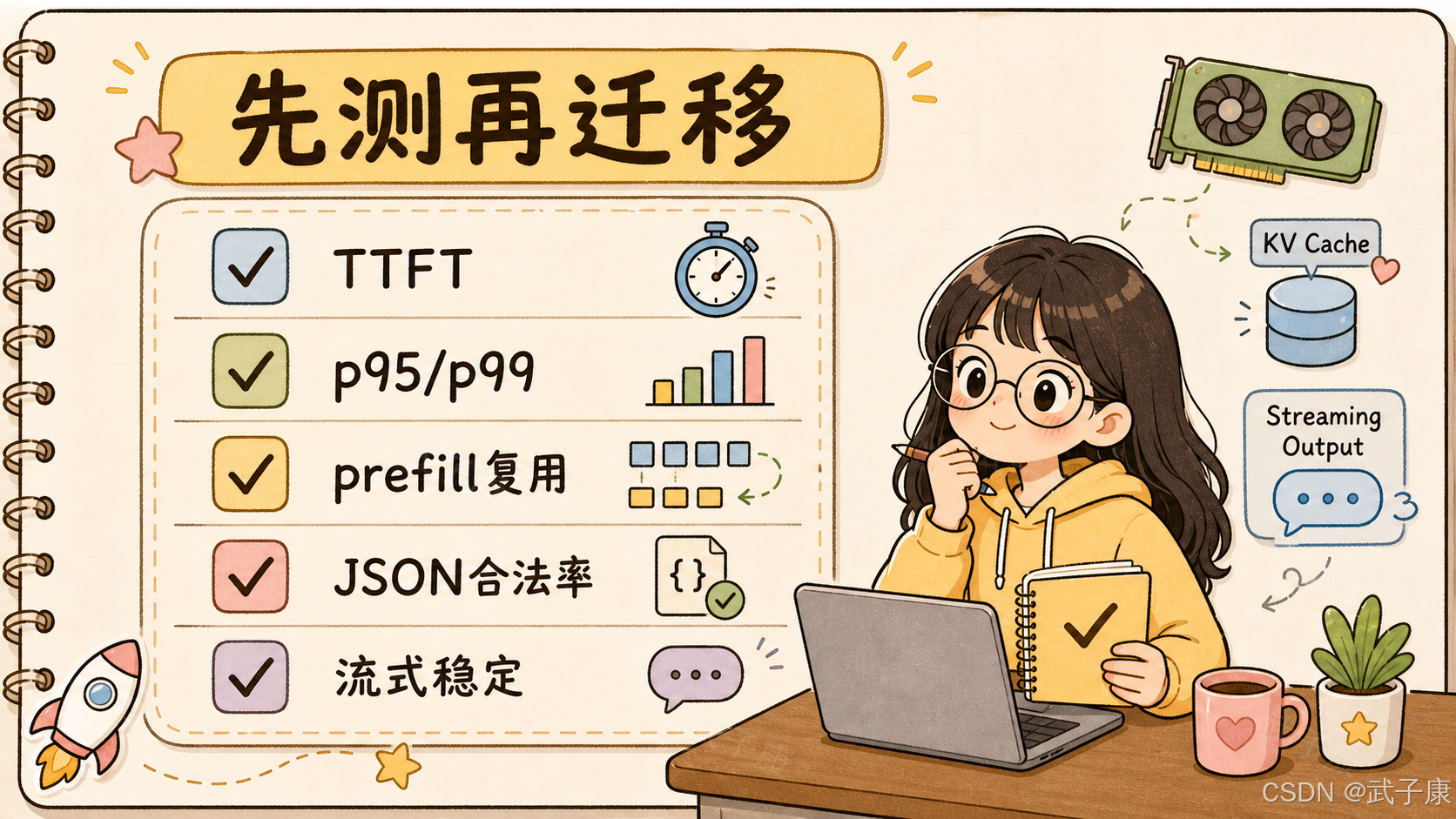 先测再迁移：迁移前必查 TTFT、p95/p99、prefill 复用、JSON 合法率、流式稳定性