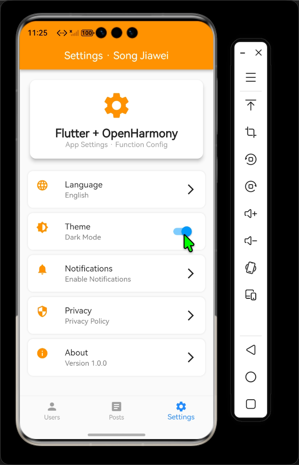 OpenHarmony 模拟器中英语模式下的设置页、用户列表、帖子列表截图,ALT 标签:Flutter 鸿蒙化国际化功能运行效果图,完成征文规范中的运行验证要求