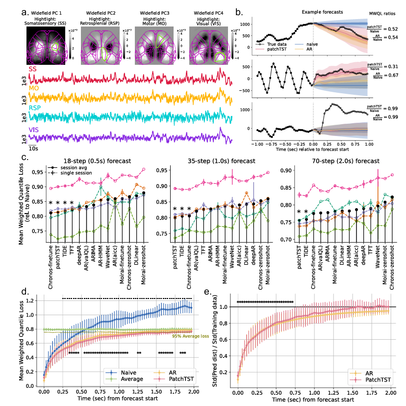 a. Widefield Imaging Data and Activity Traces; b. True vs. Predicted Activity with Prediction Intervals; c. Model Performance at Different Forecast Horizons; d. MWQL by Forecast Step; e. Std Ratio of Predicted Distribution to Training Data