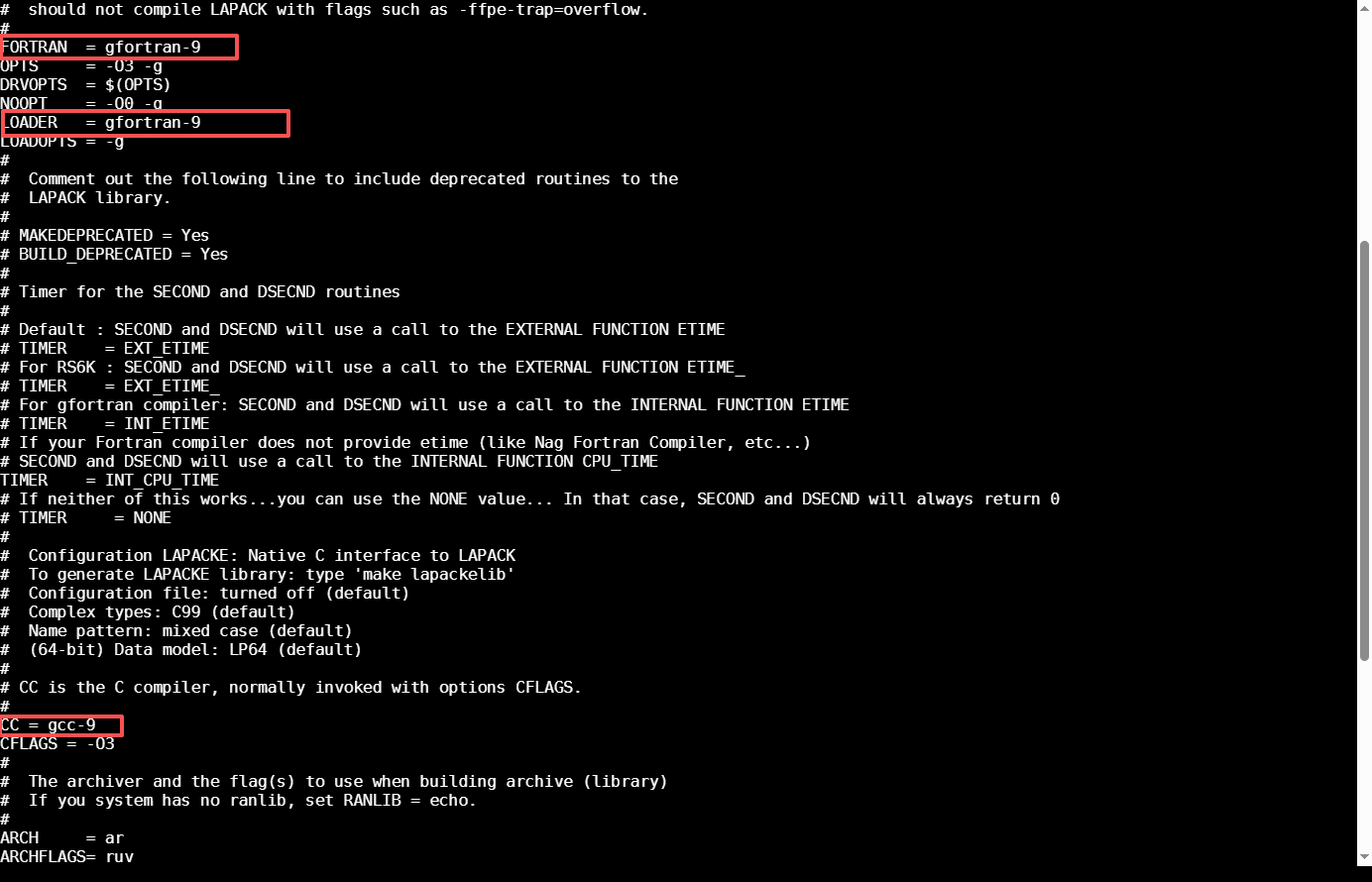 修改gcc为gcc-9，gfortran为gfortran-9